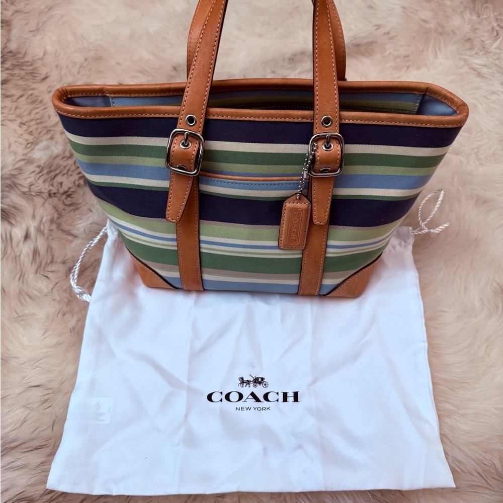 Coach Hampton style small satchel Striped Tote greens blues leather accents